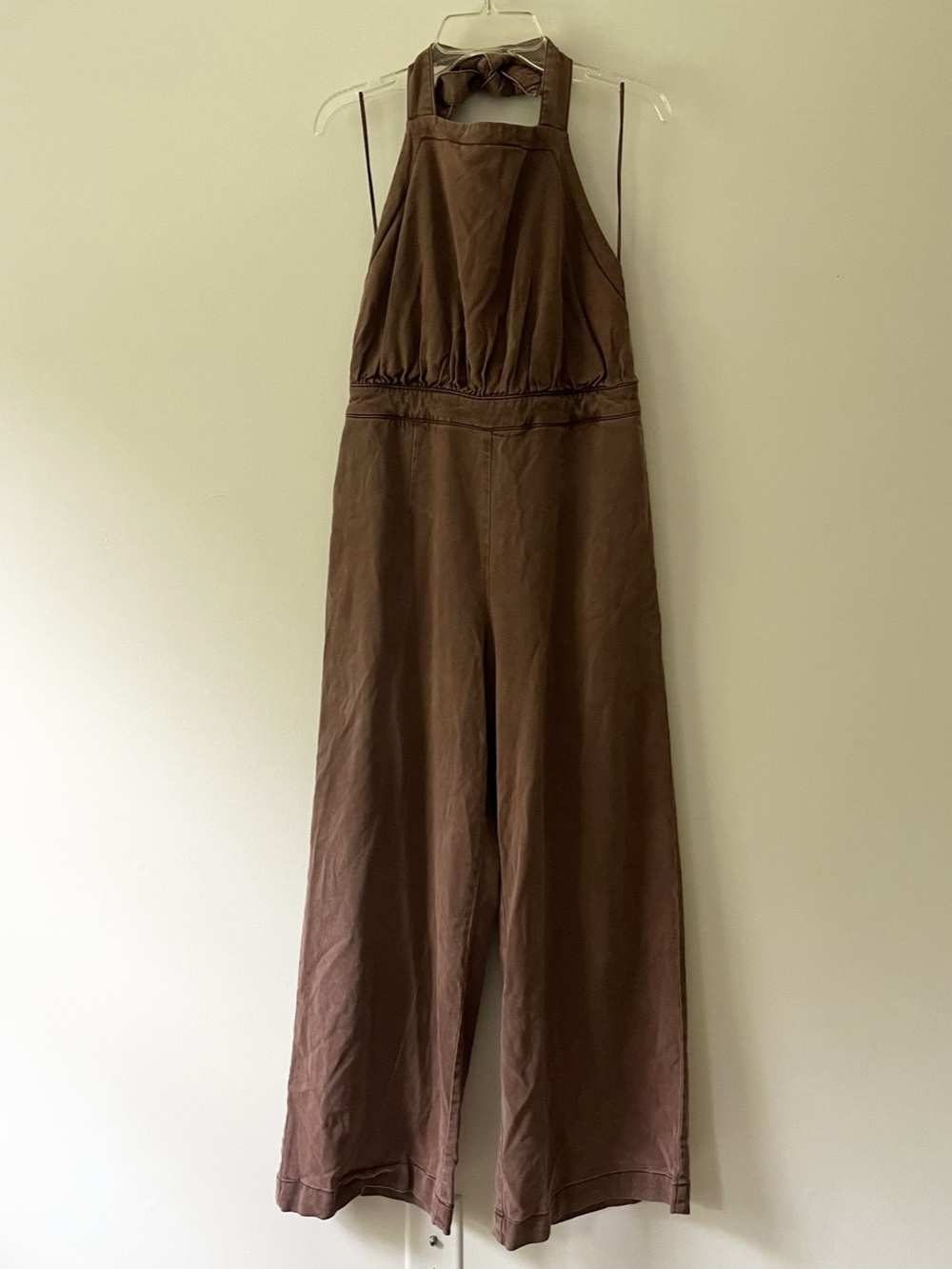 Free People Wide Leg Denim Jumpsuit Halter Chocolate Brown XS Boho Granola
